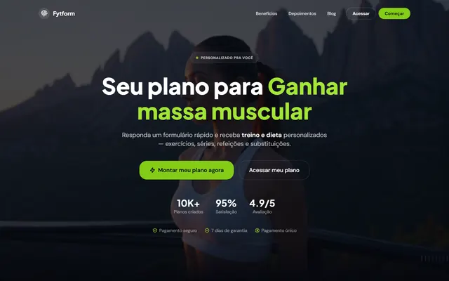 Página inicial do Fytform: “Seu plano para ganhar massa muscular”.