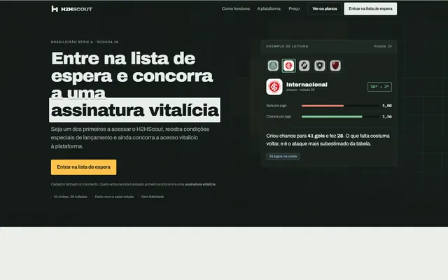 Página inicial do H2HScout com um exemplo de leitura de um clube na rodada.